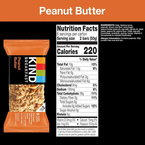 Vista 2 de KIND Barras de desayuno, mantequilla de maní, aperitivos saludables, sin gluten, 100% granos integrales, 0.18 onzas de proteína, 30