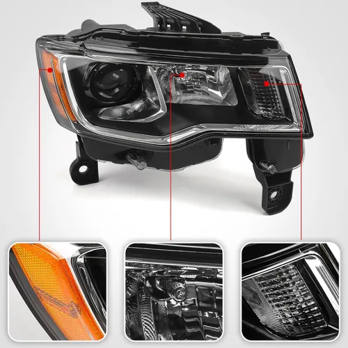 Vista 4 de FIONE Conjunto de faros delanteros halógenos compatible con Jeep Grand Cherokee 2017 2018 2019 2020 2021 repuesto con carcasa cromada, marco