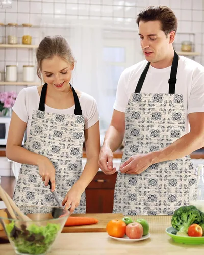 Vista 2 de Waterproof Apron with 2 Pockets, Vintage Middle Agesl Floral Text Pattern Adjustable Man and Women Kitchen Bib Apron for Baking Cooking Restaurant