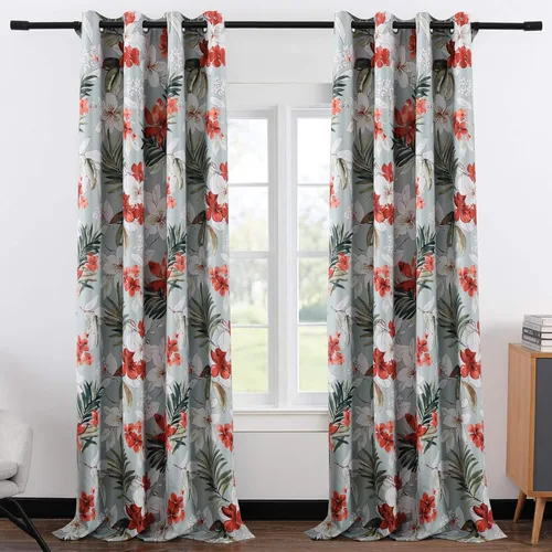 Vista 2 de Leeva Cortinas opacas con estampado de flores y hojas, estilo campestre, aislamiento térmico, cortinas reductoras de luz para comedor, 2 paneles, 52
