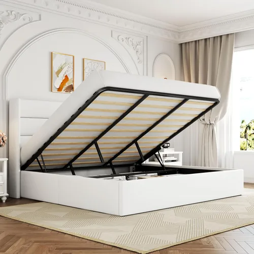 Vista 21 de Allewie Cama de almacenamiento elevable tamaño Queen, cabecera moderna con respaldo alado, soporte hidráulico, no necesita somier, gris claro