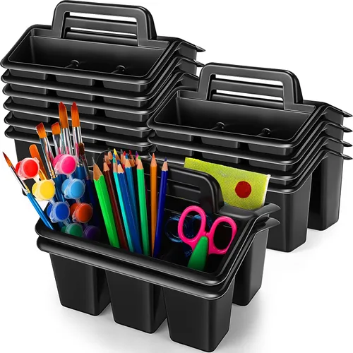 WILLBOND 12 unidades de almacenamiento para el aula, apilables, con 4 compartimentos, organizador de plástico con asa, contenedores de