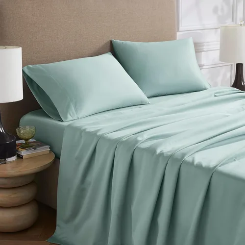 Vista 5 de Linen Closet Juego de sábanas de satén de algodón de 800 hilos, 4 piezas, tamaño Queen, aguamarina
