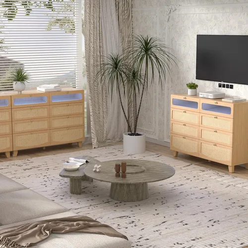 Vista 8 de Cómoda de ratán para dormitorio con 8 cajones, cómoda de madera con estación de carga y luces LED, cómoda bohemia y cómodas para dormitorio