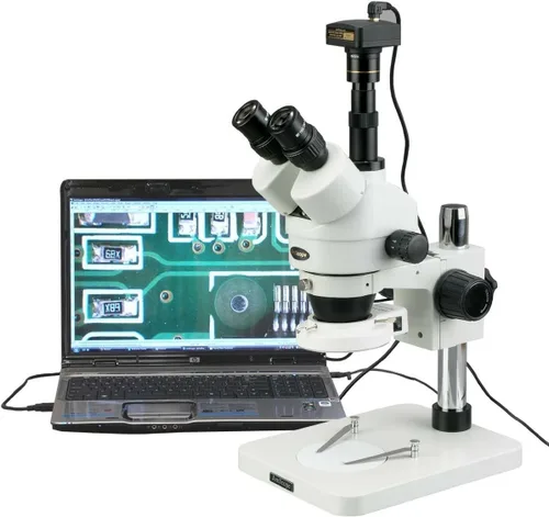 Vista 6 de AmScope SM-1TSZZ-144S Microscopio profesional de zoom estéreo trinocular, WH10x y WH20x, aumento de 3.5X-180X, objetivo de zoom 0.7X-4.5X, anillo