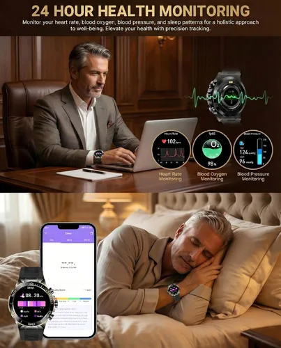 Vista 6 de SOUYIE Reloj inteligente para hombre con llamada Bluetooth, esfera redonda AMOLED de 1.43 pulgadas, bandas de acero inoxidable y silicona de lujo