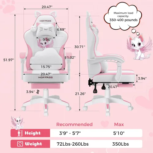 Vista 2 de HOFFREE Silla Rosa para Juegos con Orejas de Gato y Almohada Lumbar de Masaje en Forma de Nube, Silla Ergonómica Linda para Computadora para Niñas