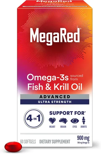 Suplemento de aceite de pescado y kril Omega-3 Megared 900mg - MegaRed avanzado 4 en 1, 60 cápsulas blandas, 2 veces más Omega-3, suplemento para el