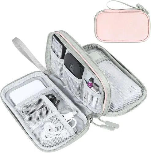 Vista 31 de FYY Organizador para cosas electrónicas, para viajes, para cables, celular y auriculares, estuche portátil, impermeable, doble capa, bolsa de Rosa