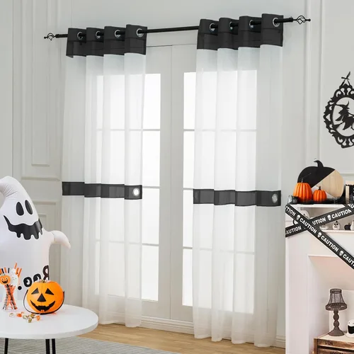 Vista 8 de L.Z.E - Cortinas transparentes blancas y negras de 63 pulgadas de largo, 2 paneles para sala de estar, cortinas elegantes y modernas transparentes