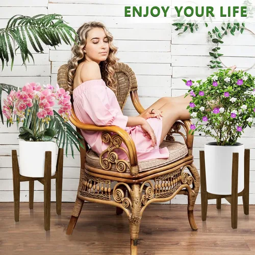 Vista 5 de Soporte para plantas de interior, soporte ajustable de bambú para plantas, estante moderno para macetas, estante para plantas, se adapta a macetas