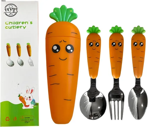 Juego de cubiertos para niños en forma de zanahoria, juego de utensilios de 3 piezas con cuchara, tenedor y cuchara raspadora de frutas, divertidos