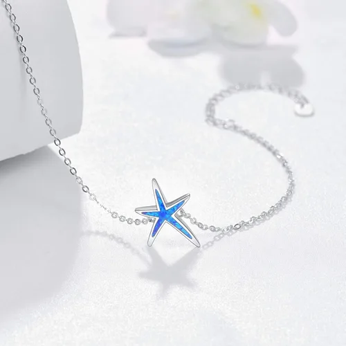 Vista 2 de Pulsera de estrella de mar de plata de ley 925 con ópalo de fuego blanco, pulseras de cadena de joyería de océano para cumpleaños para mujeres