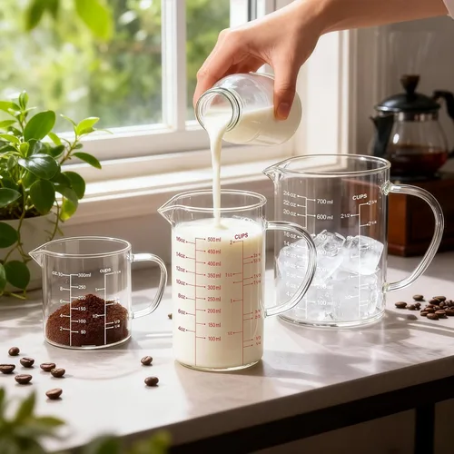 Vista 2 de 77L Juego de 3 tazas medidoras de vidrio (1 1/4, 2 y 4 tazas) [mango aislado, boquilla en forma de V], vaso medidor de vidrio líquido