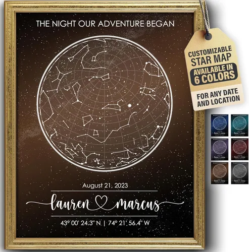 Vista 15 de Impresión artística personalizada de mapa de estrellas, totalmente personalizada (tus detalles, tamaño, color, marco), regalo para el día