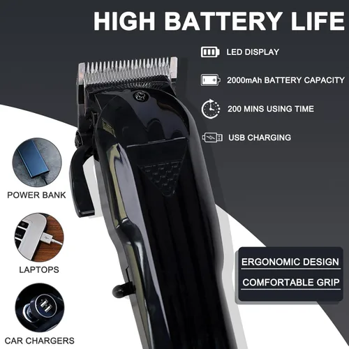 Vista 6 de Cortapelos para hombres profesionales, recargable, inalámbrico, kit de corte de pelo con 6 peines guía codificados, corte de pelo para el hogar