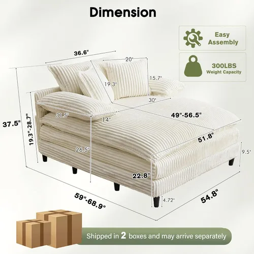 Vista 2 de WESTSETLUX Tumbona extragrande de 54.8 pulgadas de ancho para interiores con respaldo ajustable de 5 posiciones, sofá cama de pana con 3 almohadas