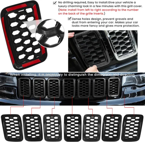 Vista 5 de Insertos de parrilla para Jeep Grand Cherokee 2017 2018 2019 2020 2021 parrilla de panal de abeja accesorios exteriores Kit de superposición