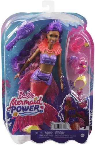 Vista 4 de Set de muñeca sirena Barbie Mermaid Power, muñeca de moda Barbie "Brooklyn" con mascota Phoenix y accesorios, juguete de sirena con aletas