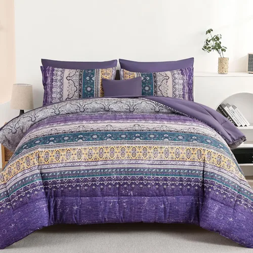 Vista 23 de Cottolester - Juego de edredón bohemio de tamaño matrimonial, 8 piezas, ropa de cama de microfibra suave en una bolsa, rayada y de color aguamarina