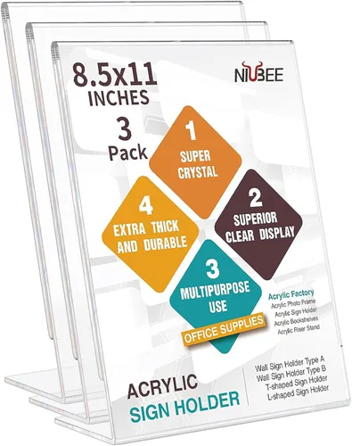 NIUBEE Soporte de letrero acrílico inclinado de 8.5 x 11 pulgadas, soporte de plástico transparente para letreros de papel, soporte de mesa para