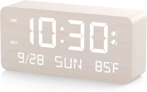 Vista 8 de Reloj despertador digital de madera con puertos de carga USB duales, DST, regulable, repetición, reloj LED moderno con pantalla de tiempo grande