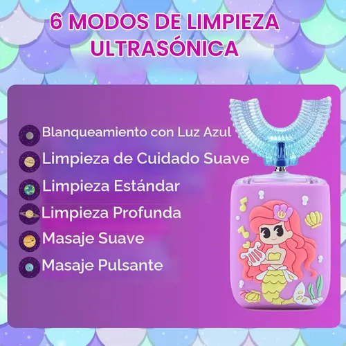 Vista 6 de Cepillo de dientes eléctrico en forma de U para niños, de 2 a 7 años, sirena rosa rosado sirena
