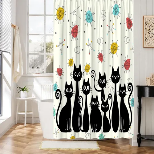 Vista 7 de Mid Century Modern Shower Curtain,Atomic Cat Diamonds Iconic Sputnik Black Kitten Retro Abstract Vintage Geometric 1950s 1960sFabric Curtain with