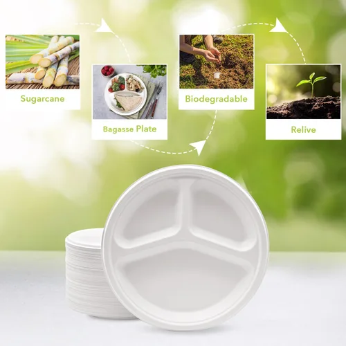 Vista 4 de three leaf Plato redondo de bagazo de 9 pulgadas con 3 compartimentos, 25 unidades, platos de bagazo desechables naturales y ecológicos, 100%