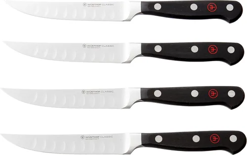 Vista 3 de Wüsthof Juego clásico de cuchillos para carne de 4 piezas con borde hueco, grabado personalizado, personalizado