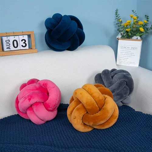 Vista 5 de Almohada de nudo de bola, almohada de nudo rosa intenso, almohadas decorativas suaves para el hogar, almohada redonda de felpa rosa anudada