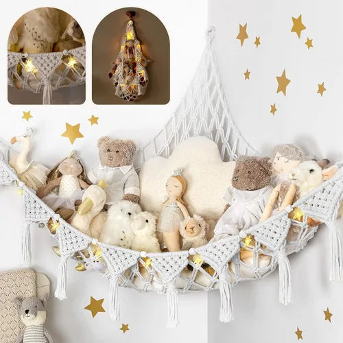 Vista 13 de TIDYTEDS Macramé DreamLights Hamaca de Red de Almacenamiento de Animales de Peluche Boho Extra Grande Soporte de Almacenamiento de Juguetes de Azul