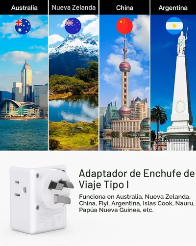 Vista 2 de Adaptador de enchufe de EE. UU. a Australia Nueva Zelanda, adaptador de enchufe de tipo I con 3 tomas de corriente y 3 puertos USB, adaptador