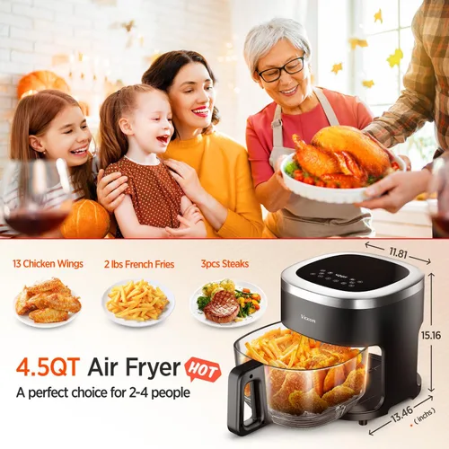 Vista 7 de Vexon Freidora de Aire de Vidrio 6 en 1, Freidora de Aire de 4.5QT con Olla de Vidrio para Visualización, Freír al Aire, Asar, Recalentar
