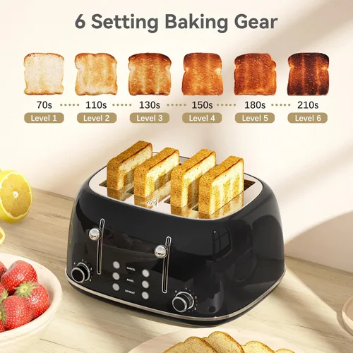 Vista 4 de Tostadora de 4 rebanadas, tostador retro de acero inoxidable con 6 ajustes de tostado de pan, ranuras de 1.5'' de ancho con funciones