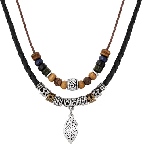MINACHI Layered Boho Wood Bead Choker Necklace, Hollow Flower Charm, Personality Jewelry for Men and Women
