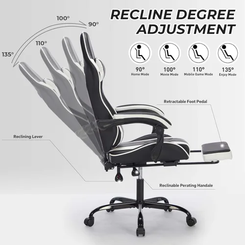 Vista 7 de Silla ergonómica para juegos con reposapiés: silla de computadora de oficina con soporte lumbar ajustable y reposacabezas, silla de carreras