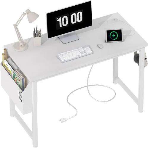 Vista 11 de Lufeiya Escritorio para computadora de 39 pulgadas con toma de corriente, mesa de estudio para adolescentes de 40 pulgadas, escritorio de trabajo