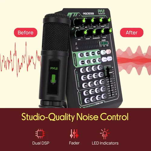 Vista 3 de Pyle - Tarjeta de sonido portátil Bluetooth para transmisión en vivo, interfaz de audio profesional DJ con mezcladora y micrófono condensador