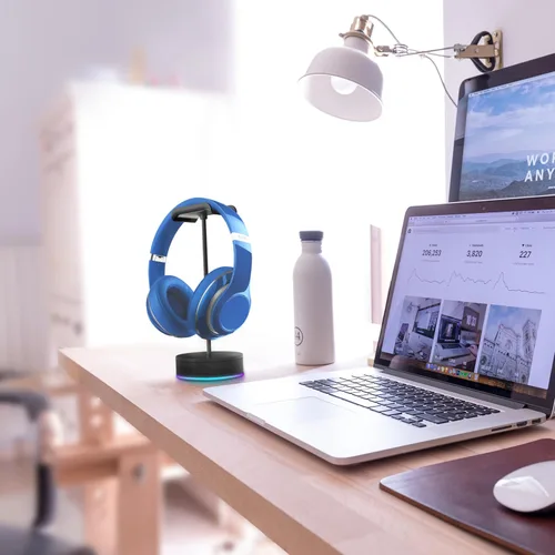 Vista 5 de X-FLOAT Soporte giratorio de exhibición de auriculares para escritorio con luces LED - Soporte giratorio para auriculares para juegos (negro)