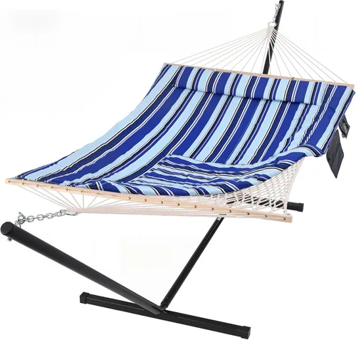 Vista 20 de SUNCREAT Hamaca doble para exteriores con soporte incluido, hamaca portátil de cuerda de algodón para 2 personas para exteriores, patio, jardín