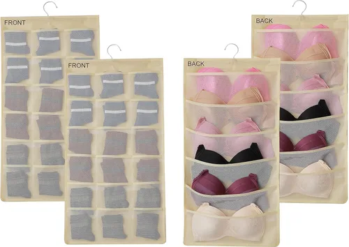 Vista 7 de Organizador de armario de doble cara con bolsillos de malla para colgar, para ropa interior, brasier, calcetines, accesorios con percha, total de 24