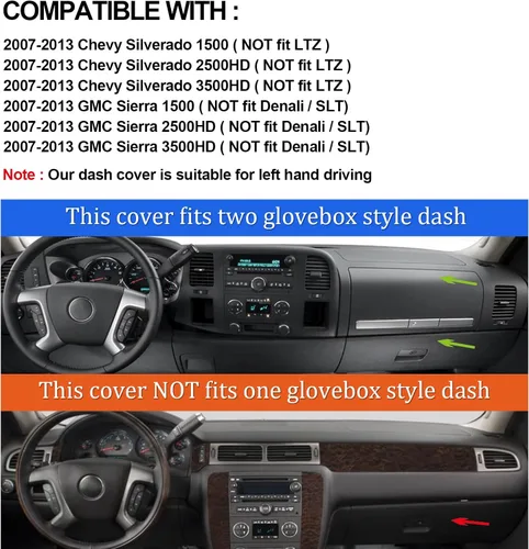 Vista 2 de Cubierta del tablero para GMC Sierra y Chevrolet Silverado - Se adapta a modelos 2007-2013 con dos guanteras. Alfombrilla de tablero de ajuste