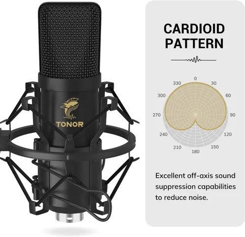 Vista 4 de TONOR Micrófono condensador XLR, kit de micrófono de estudio cardioide profesional con brazo T20, soporte de choque, filtro pop para grabación