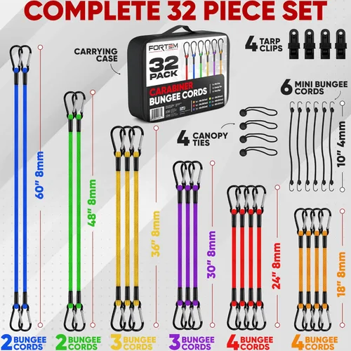 Vista 3 de FORTEM Surtido de cuerdas elásticas con mosquetón, paquete múltiple de 32 cuerdas elásticas, incluye cuerdas elásticas de 18", 24", 30", 36", 48