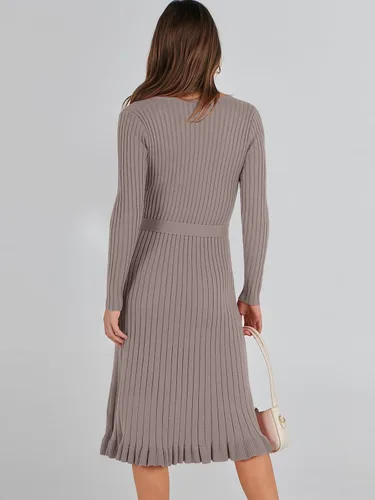 Vista 4 de ANRABESS Vestido tipo suéter de manga larga con cuello en V para mujer, plisado, ajustado, acanalado, de punto, con cinturón