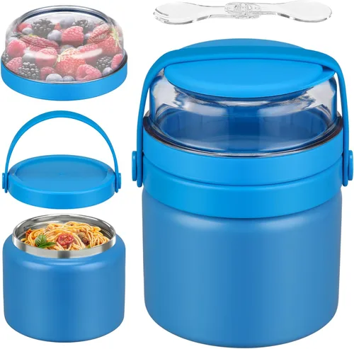 Termo aislado 2 en 1 para alimentos calientes con caja de aperitivos Tritan, contenedor de alimentos de 13.5 onzas para niños, contenedor de