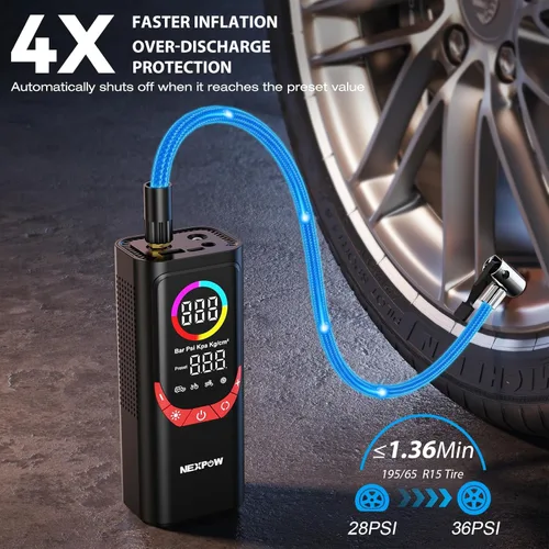 Vista 2 de NEXPOW NP17 Compresor de Aire Portátil, Inflador de Neumáticos Digital de 150 PSI, Inflado Rápido con Apagado Automático, Luz LED, Múltiples Rojo