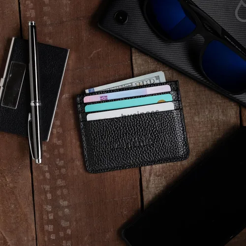 Vista 3 de derichie Tarjetero ultradelgado de cuero de alta calidad Cartera minimalista con bolsillo frontal Geniune Leather Thin Mini, funda para tarjetas