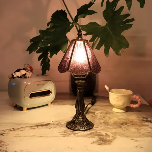Vista 7 de Small Tiffany Table Lamp Purple Rippled Stained Glass Desk Lamps 6X6X14 Inch Bronze Resin Base Antique Mini Accent Light